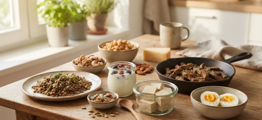 Бобовые, орехи, яйца, тофу, мясо и молочные продукты на деревянном столе в тёплом солнечном свете