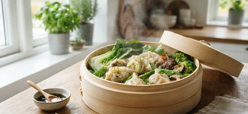 Бамбуковая пароварка с овощами и пельменями на деревянной кухонной столешнице у окна