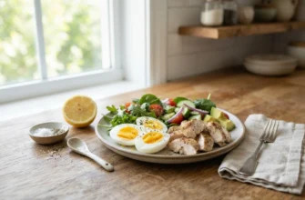 Вареные яйца, курица, свежие овощи и цитрусовые на кухонной столешнице у окна
