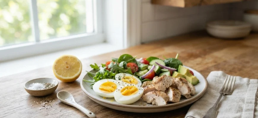 Вареные яйца, курица, свежие овощи и цитрусовые на кухонной столешнице у окна