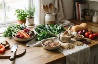 Свежие овощи, цельные злаки и бобовые на деревянной кухонной столешнице, освещённые сбоку естественным дневным светом