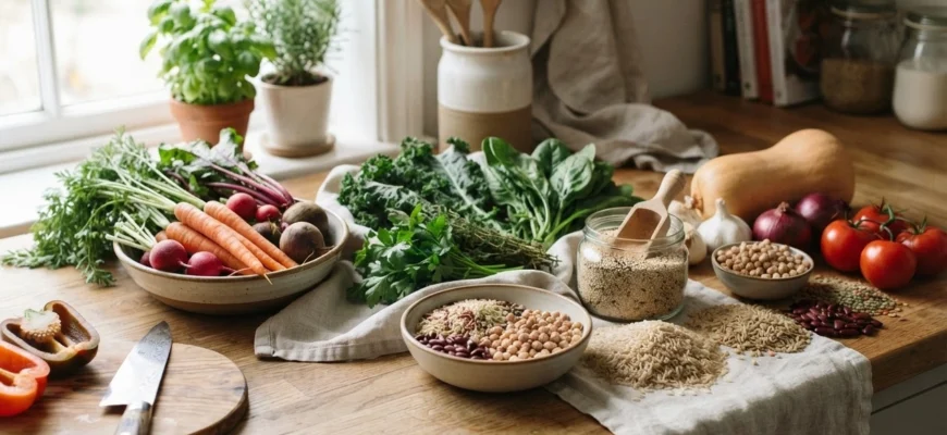 Свежие овощи, цельные злаки и бобовые на деревянной кухонной столешнице, освещённые сбоку естественным дневным светом