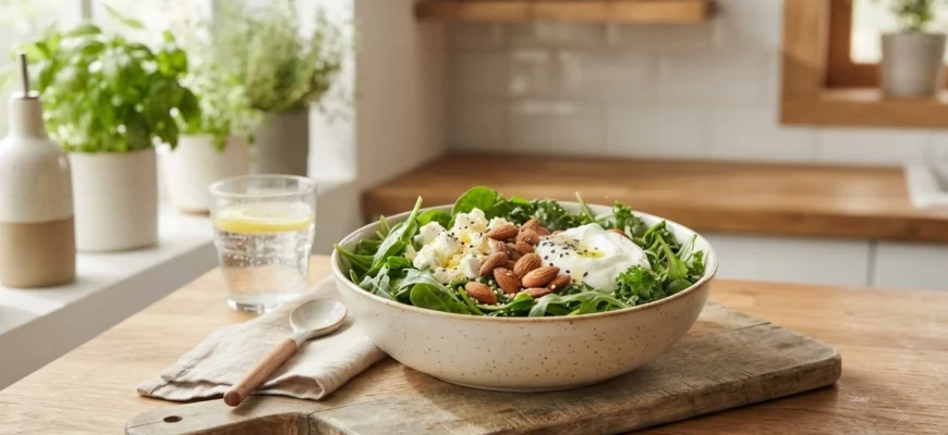 Листовая зелень, сыр, йогурт, миндаль и кунжут на деревянной кухонной столешнице в ярком утреннем свете