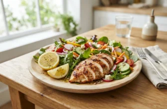 Салат из свежей зелени, нарезанных овощей и куриной грудки с лимоном на светлой деревянной тарелке у окна