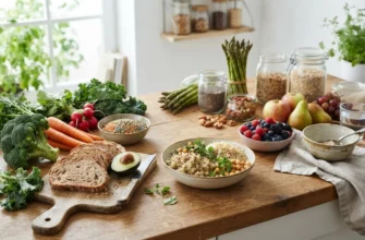 Цельнозерновые продукты, свежие овощи, бобовые и фрукты на деревянной кухонной столешнице при ярком дневном свете
