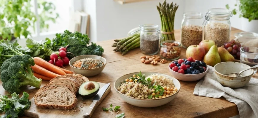 Цельнозерновые продукты, свежие овощи, бобовые и фрукты на деревянной кухонной столешнице при ярком дневном свете