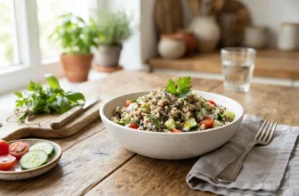 Приготовленная киноа в белой миске на деревянном кухонном столе, рядом свежие овощи и яркий естественный свет из окна