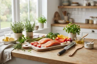 Свежие овощи и постный белок на светлой кухонной стойке, вокруг зелень и кухонные принадлежности