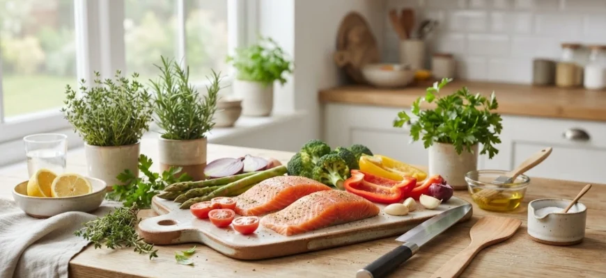 Свежие овощи и постный белок на светлой кухонной стойке, вокруг зелень и кухонные принадлежности