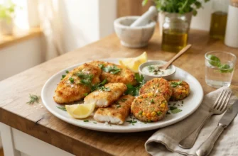 Золотистые котлеты из курицы, рыбы и овощей на белой тарелке с зеленью и лимоном на деревянной столешнице