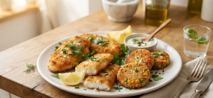 Золотистые котлеты из курицы, рыбы и овощей на белой тарелке с зеленью и лимоном на деревянной столешнице