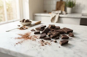 Кусочки тёмного шоколада и какао-порошок на белой мраморной поверхности в тёплом солнечном свете
