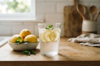 Стакан воды с дольками лимона на кухонной столешнице, рядом целые лимоны и листья мяты при дневном свете