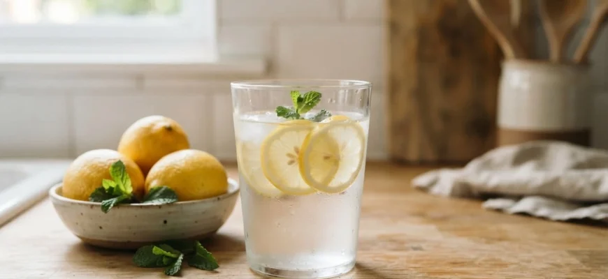 Стакан воды с дольками лимона на кухонной столешнице, рядом целые лимоны и листья мяты при дневном свете