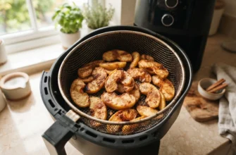 Ломтики яблок золотисто-коричневого цвета в корзине аэрогриля на кухонной столешнице при мягком естественном свете из окна